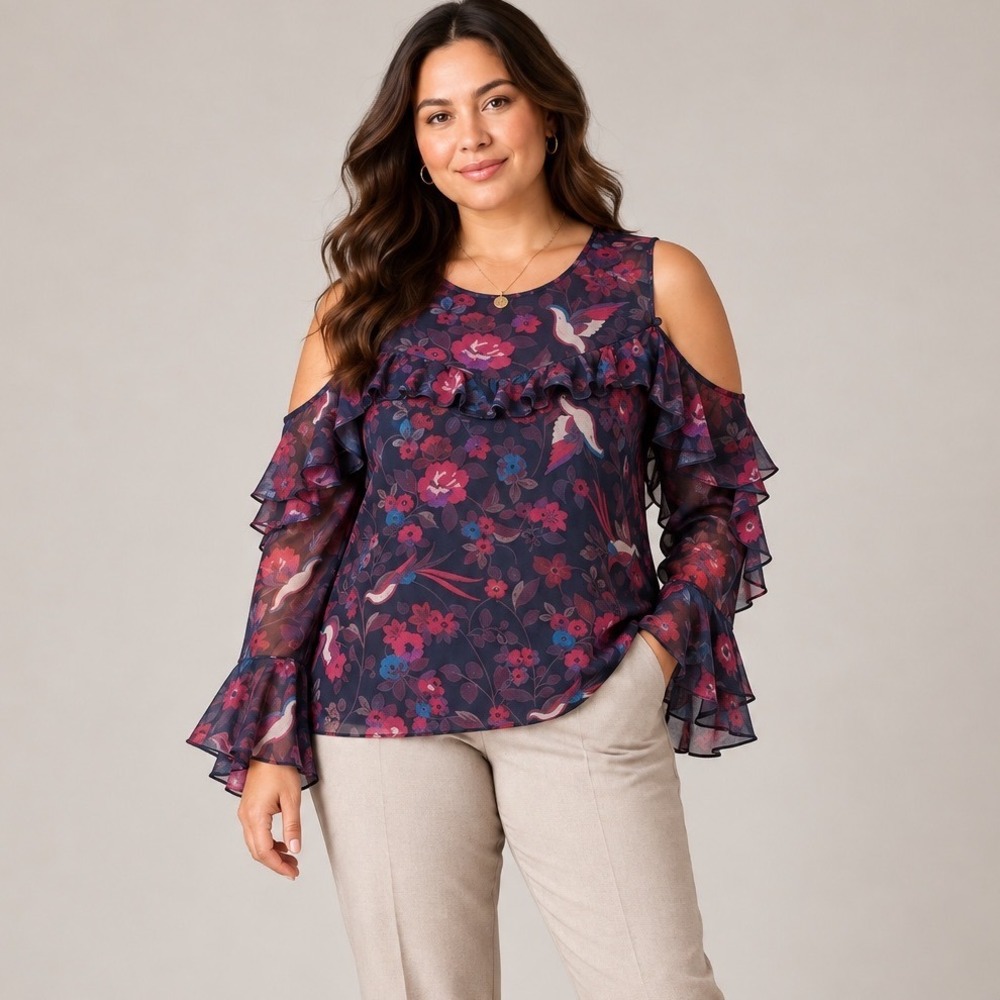 Tanya Taylor Purple Floral Bird Cold Shoulder Silk Ruffle Blouse, Plus